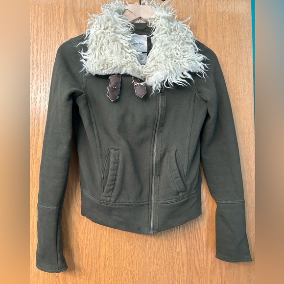 Aeropostale jacket 87 Moto jacket olive green Sherpa faux fur size Small zipper - Picture 15 of 16